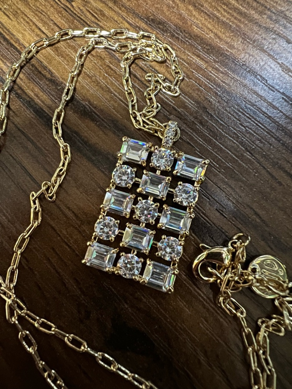 Gold Crystal Grid Pendant Necklace - Women's Elegant Statement Necklace